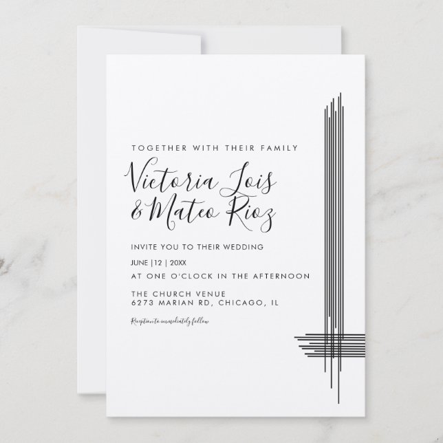Abstract Lines Black White Beige Wedding  Invitation (Front)