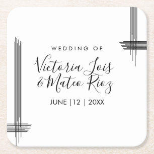 Abstract Lines Black White Modern Wedding  Square Paper Coaster
