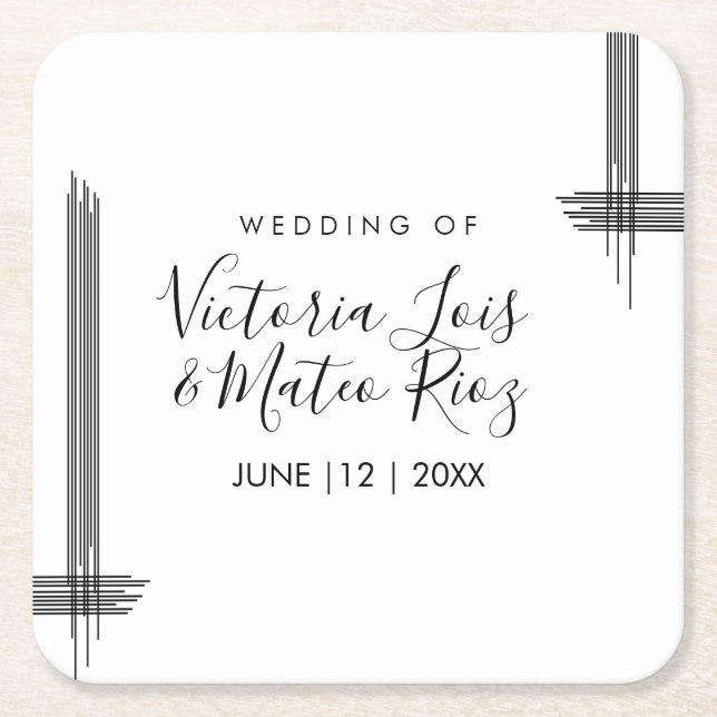Abstract Lines Black White Modern Wedding  Square Paper Coaster (Front)