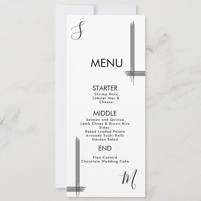 Abstract Lines Black White Wedding Menu Card (Front)
