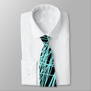 Abstract Lines - Ice Blue on Black Tie