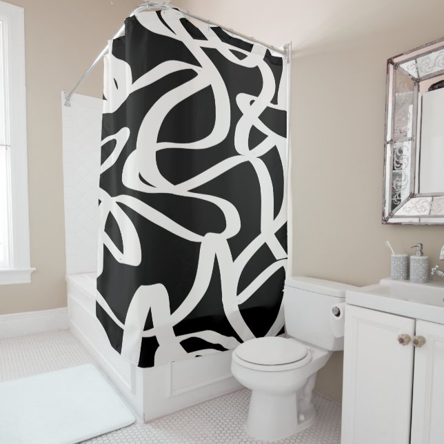 Abstract Lines Modern Black And Beige Cream Swirl  Shower Curtain (In Situ)