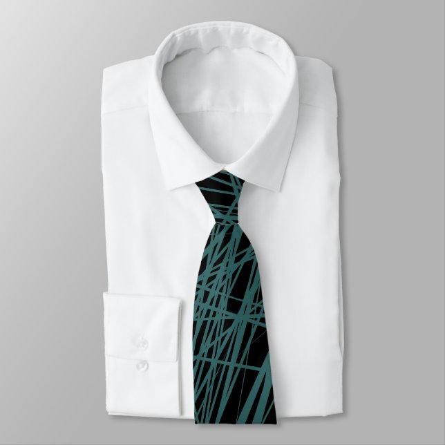 Abstract Lines - Moss Green on Black Tie (Tied)