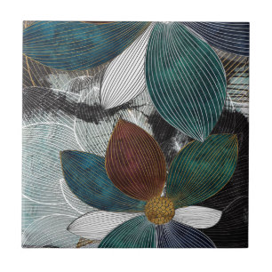Abstract Linework Floral Art with Bold Petals Tile