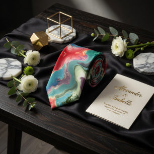 Abstract Liquid Marble Vibrant Emerald Crimson  Tie
