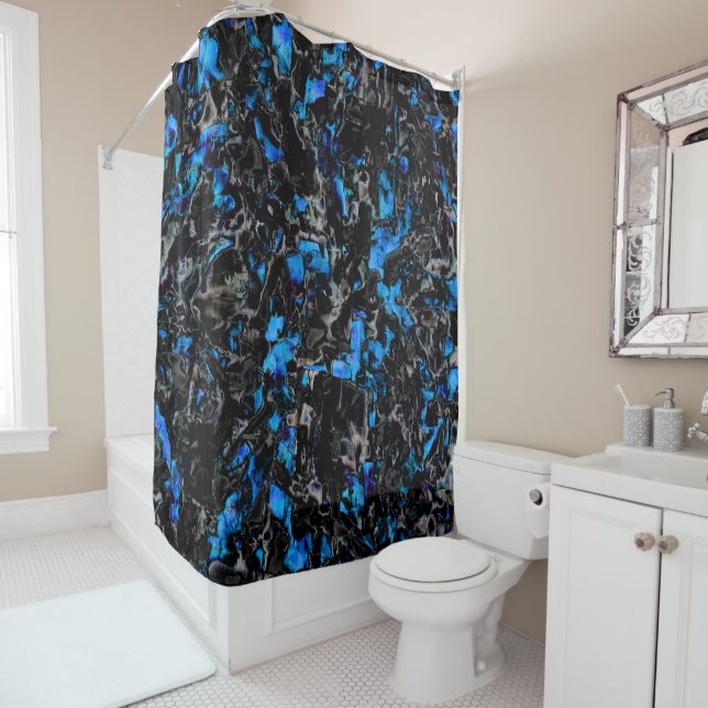 Abstract looking bat wings over stained turquoise  shower curtain (In Situ)