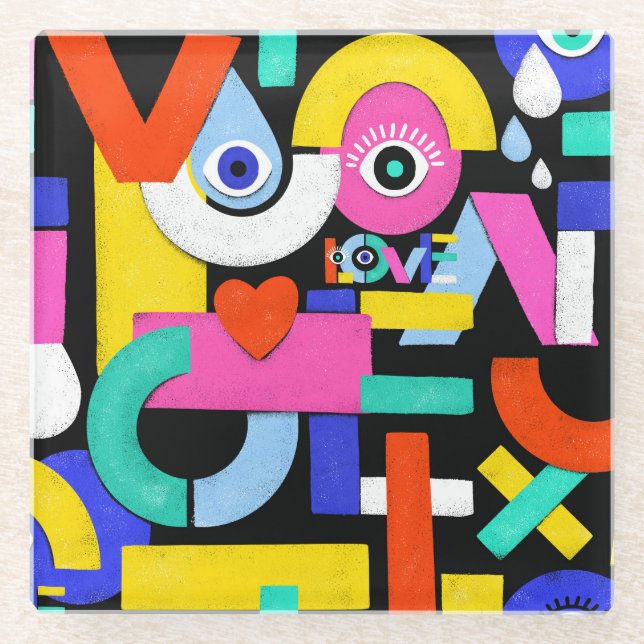 Abstract love, eyes: colourful pattern glass coaster (Front)