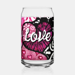 Abstract Love Heart Pink Floral Polka Dots Black Can Glass