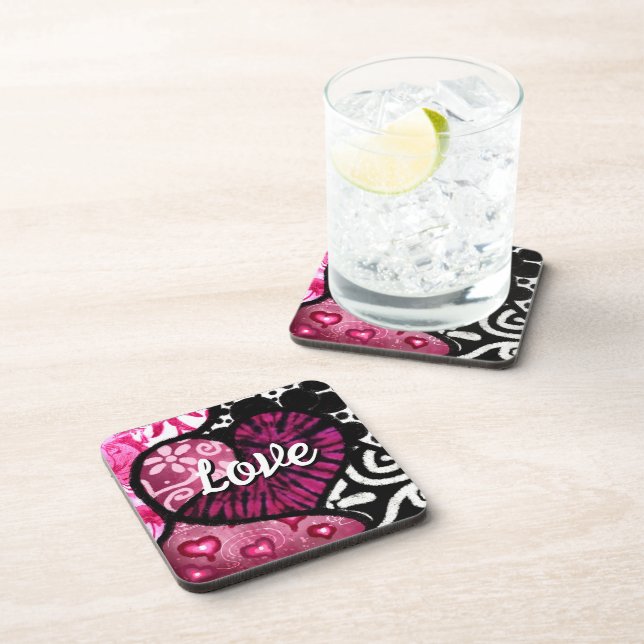 Abstract Love Heart Pink Floral Polka Dots Black Coaster (Right Side)