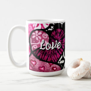 Abstract Love Heart Pink Floral Polka Dots Black Coffee Mug
