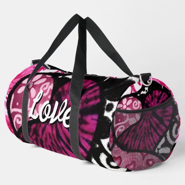 Abstract Love Heart Pink Floral Polka Dots Black Duffle Bag (Right Corner)