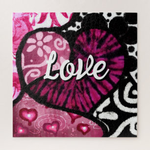 Abstract Love Heart Pink Floral Polka Dots Black Jigsaw Puzzle