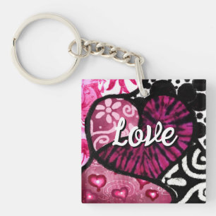 Abstract Love Heart Pink Floral Polka Dots Black Key Ring