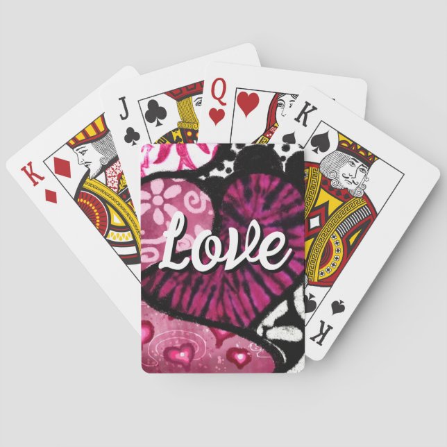 Abstract Love Heart Pink Floral Polka Dots Black Playing Cards (Back)