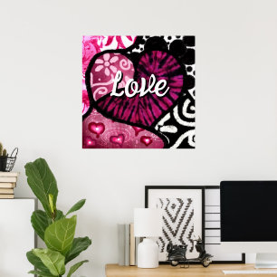 Abstract Love Heart Pink Floral Polka Dots Black Poster