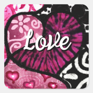 Abstract Love Heart Pink Floral Polka Dots Black Square Sticker
