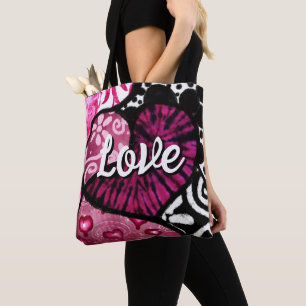 Abstract Love Heart Pink Floral Polka Dots Black Tote Bag