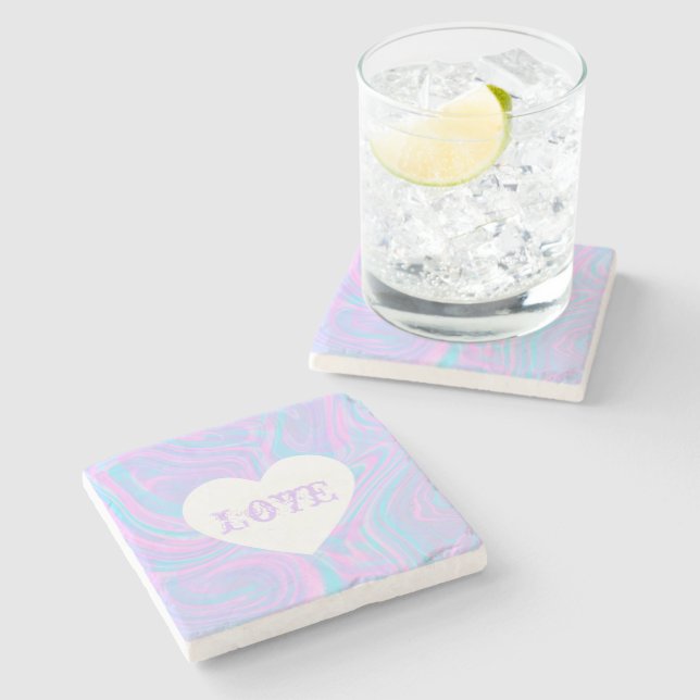Abstract Love Valentines Pink White Heart Colourfu Stone Coaster (Side)