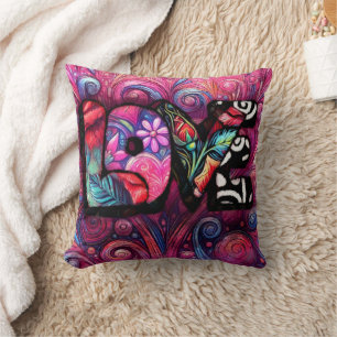 Abstract Love Word Graffiti Valentine Floral Pink Cushion