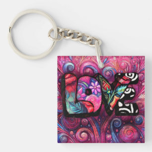 Abstract Love Word Graffiti Valentine Floral Pink Key Ring