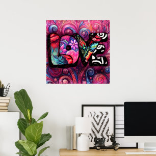 Abstract Love Word Graffiti Valentine Floral Pink Poster