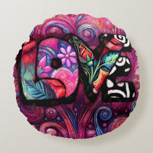 Abstract Love Word Graffiti Valentine Floral Pink Round Cushion