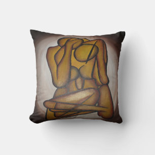 Abstract Lovers Contemporary Art In Ochre And Brow Cushion