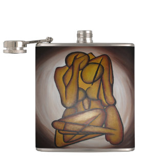 Abstract Lovers Contemporary Art In Ochre And Brow Hip Flask