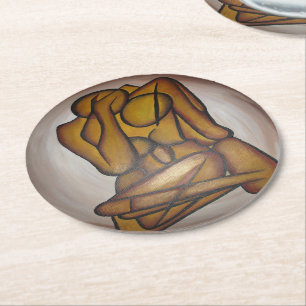 Abstract Lovers Contemporary Art In Ochre And Brow Round Paper Coaster