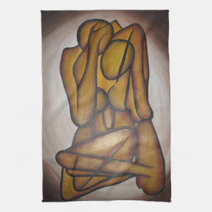 Abstract Lovers Contemporary Art In Ochre And Brow Tea Towel