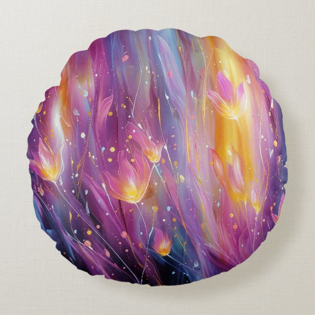 Abstract luminous floral explosion round cushion (Front)