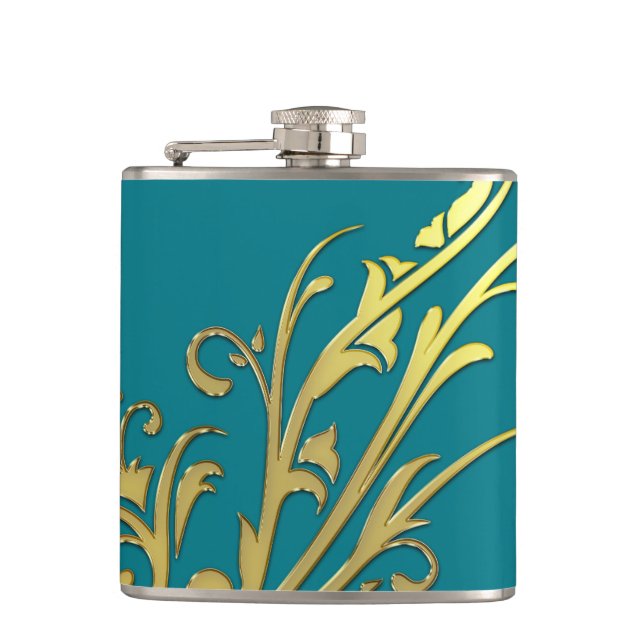 Abstract Luxury Faux Gold Flower Hip Flask (Front)
