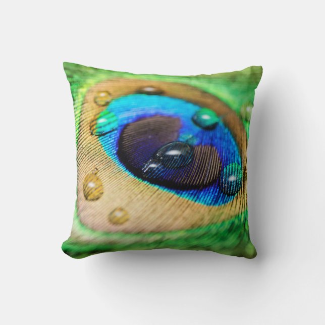Abstract Macro Peacock Feather Drops Cushion (Front)