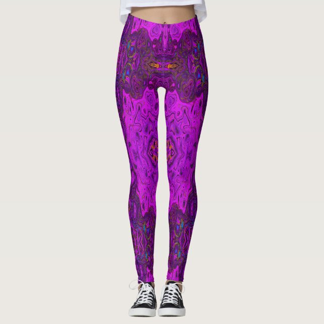Abstract Magenta and Black Groovy Pattern Leggings (Front)
