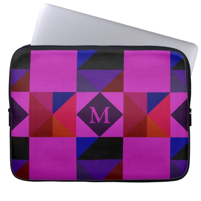 Abstract Magenta Geometric Pattern Monogram Laptop Sleeve (Front)