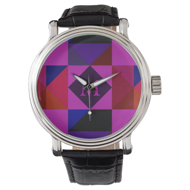 Abstract Magenta Geometric Pattern Monogram Watch (Front)