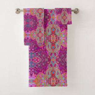 Abstract Magenta Pink, Blue and Red Groovy Pattern Bath Towel Set