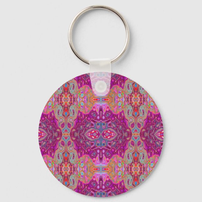Abstract Magenta Pink, Blue and Red Groovy Pattern Key Ring (Front)