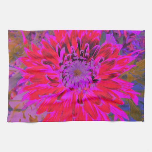 Abstract Magenta, Purple and Red Dahlia Flower Tea Towel (Horizontal)