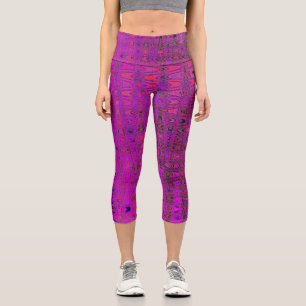 Abstract Magenta Retro Boomerang Waves Capri Leggings