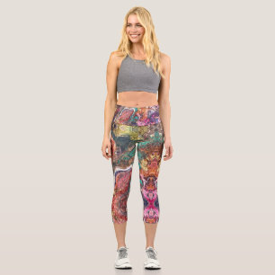 Abstract magic flowers pink gold capri leggings