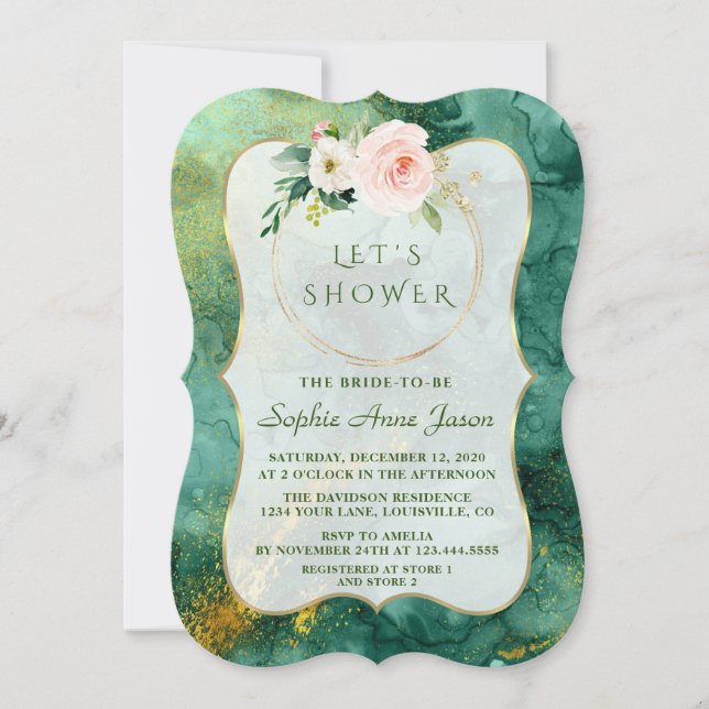 Abstract Malachite Gold Pink Flowers Bridal Shower Invitation (Front)