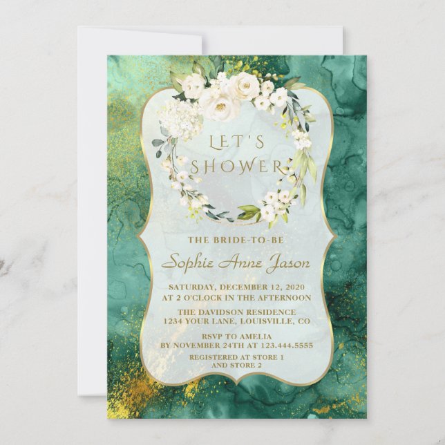 Abstract Malachite Gold White Floral Bridal Shower Invitation (Front)