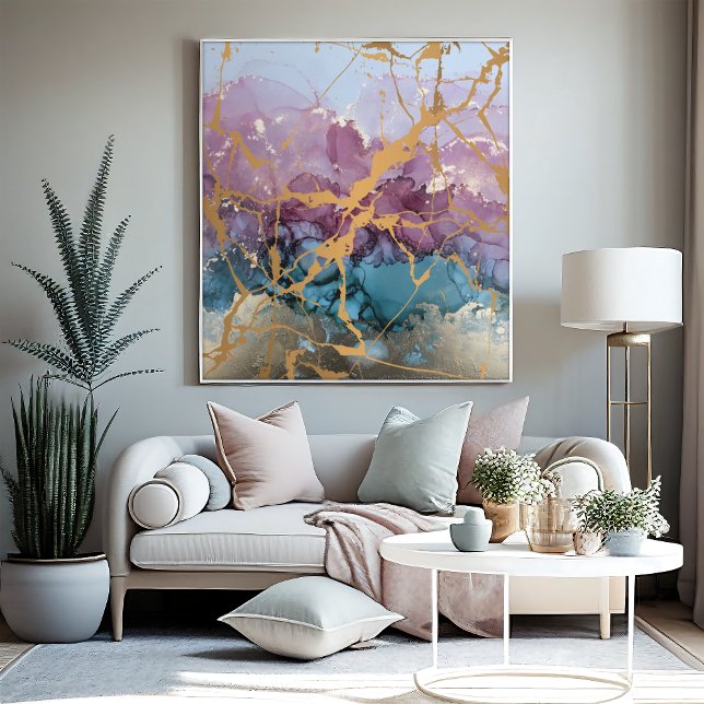 Abstract Marble art Pink Blue Gold Elegant Canvas Print (Creator Uploaded)