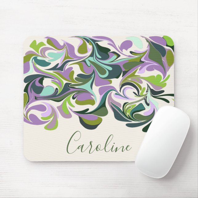 Abstract Marble Art Purple and Green Custom Name Mouse Mat (With Mouse)