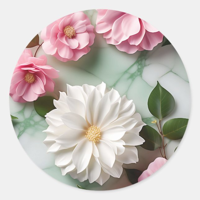 Abstract Marble Art with Botanical Classic Round Sticker (Front)