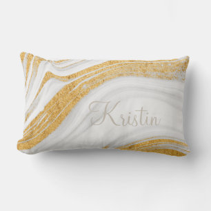 Abstract Marble   Gold and White   Your Name Lumbar Cushion