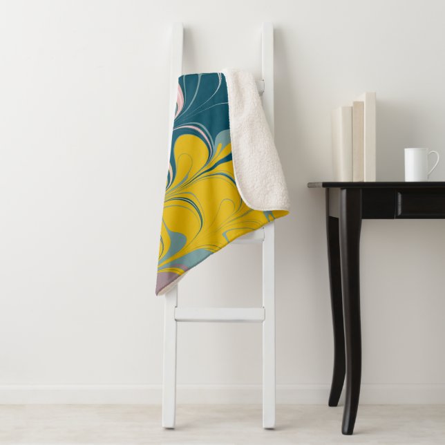 Abstract Marble Modern Ebru Pattern Teal and Pink Sherpa Blanket (In Situ)
