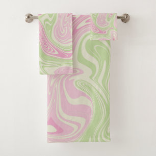 Abstract Marble Pink Green Wavy Stripe Modern Bath Towel Set