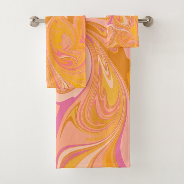 Abstract Marble Swirl Art in Yellow Bath Towel Set (Insitu)